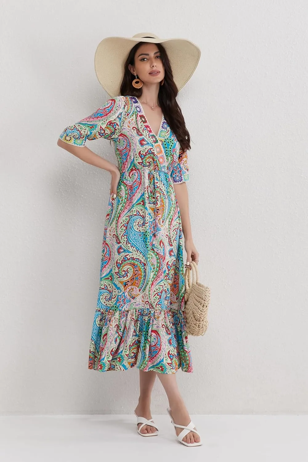 Womens V Neck Short Sleeves High Waist Floral Print Casual Bohemian Midi Dresses