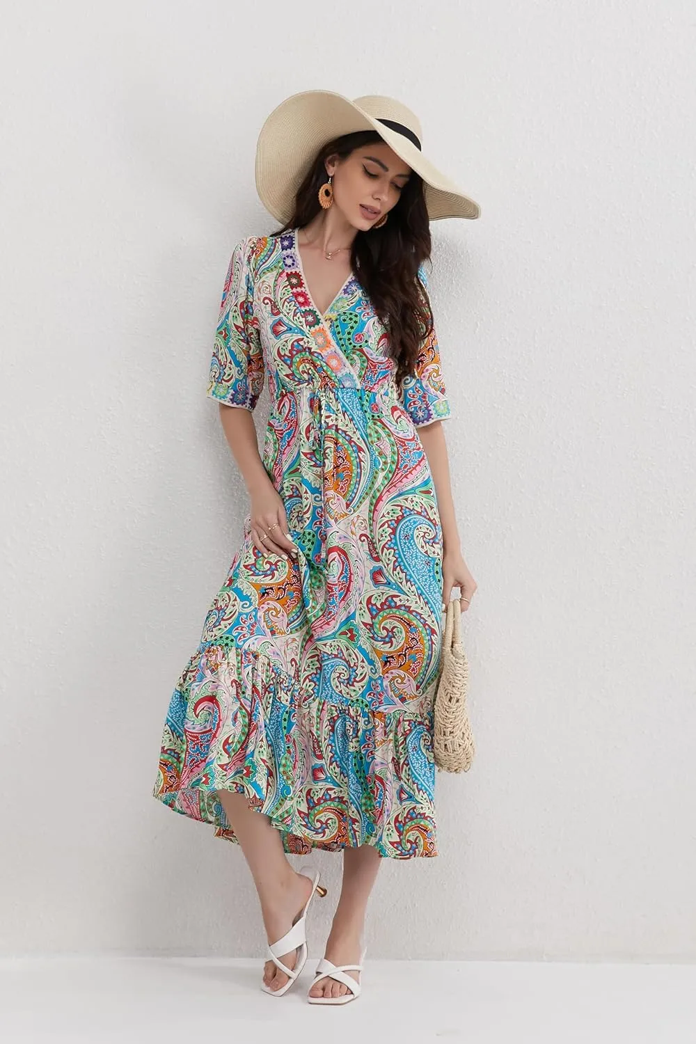 Womens V Neck Short Sleeves High Waist Floral Print Casual Bohemian Midi Dresses