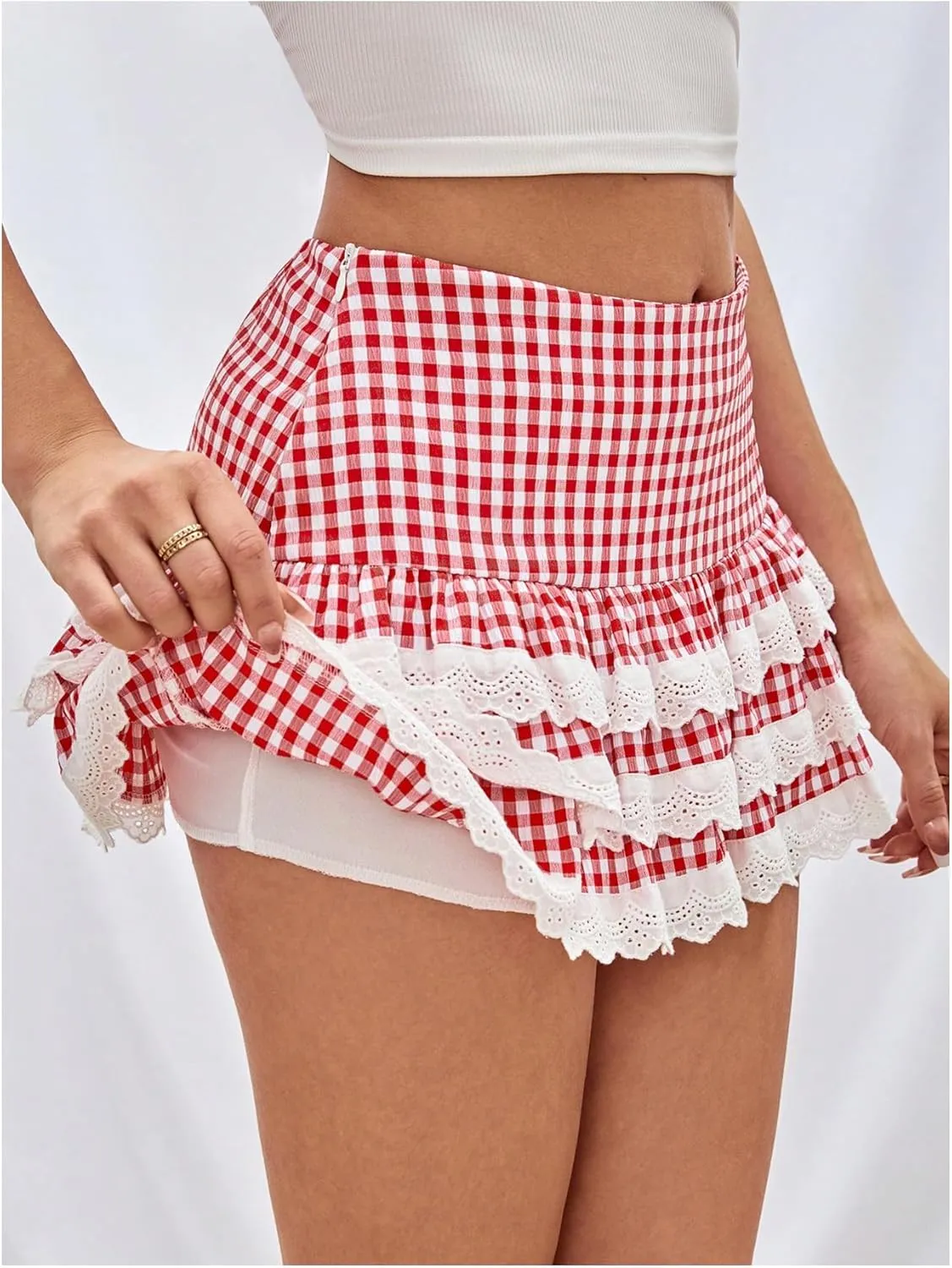 Women's Y2K Gingham Skirt with Ruffle Hem, Zipper, High Waisted, Flared A Line Mini Skirt with Layered Lace Trim