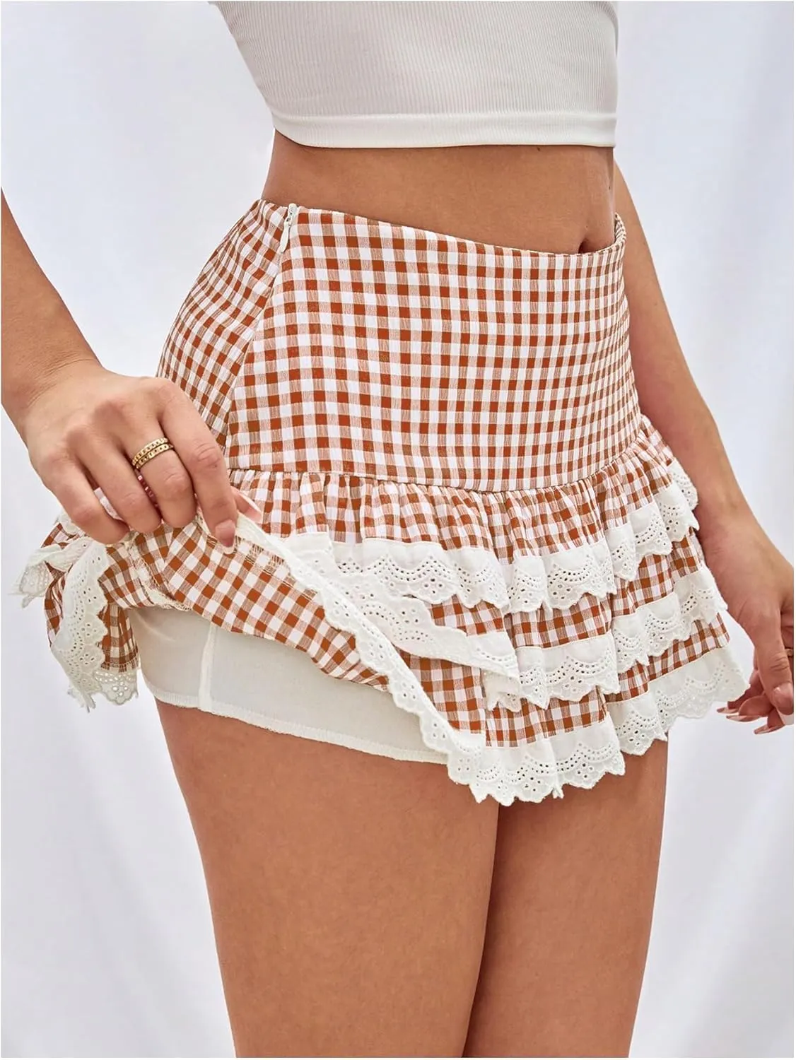 Women's Y2K Gingham Skirt with Ruffle Hem, Zipper, High Waisted, Flared A Line Mini Skirt with Layered Lace Trim