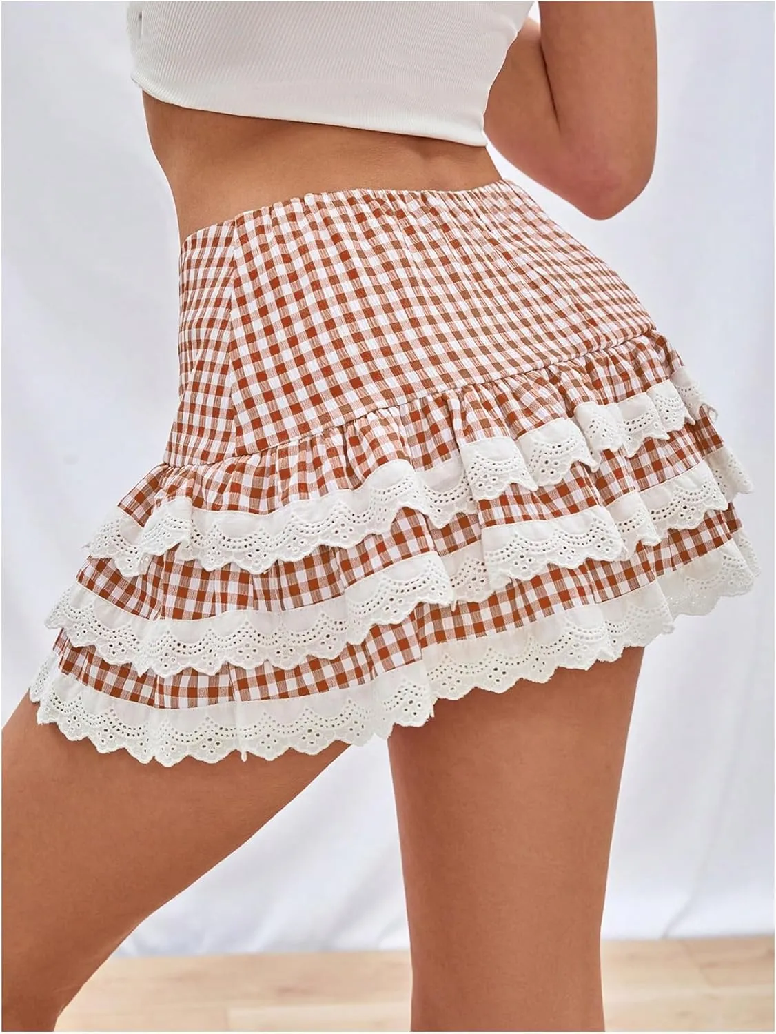 Women's Y2K Gingham Skirt with Ruffle Hem, Zipper, High Waisted, Flared A Line Mini Skirt with Layered Lace Trim