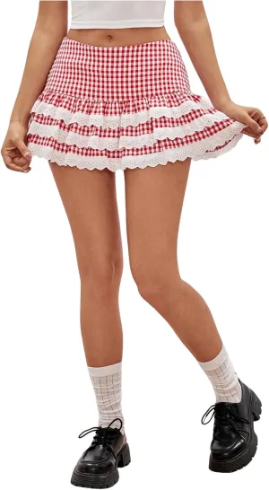 Women's Y2K Gingham Skirt with Ruffle Hem, Zipper, High Waisted, Flared A Line Mini Skirt with Layered Lace Trim
