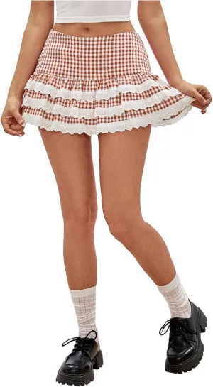 Women's Y2K Gingham Skirt with Ruffle Hem, Zipper, High Waisted, Flared A Line Mini Skirt with Layered Lace Trim