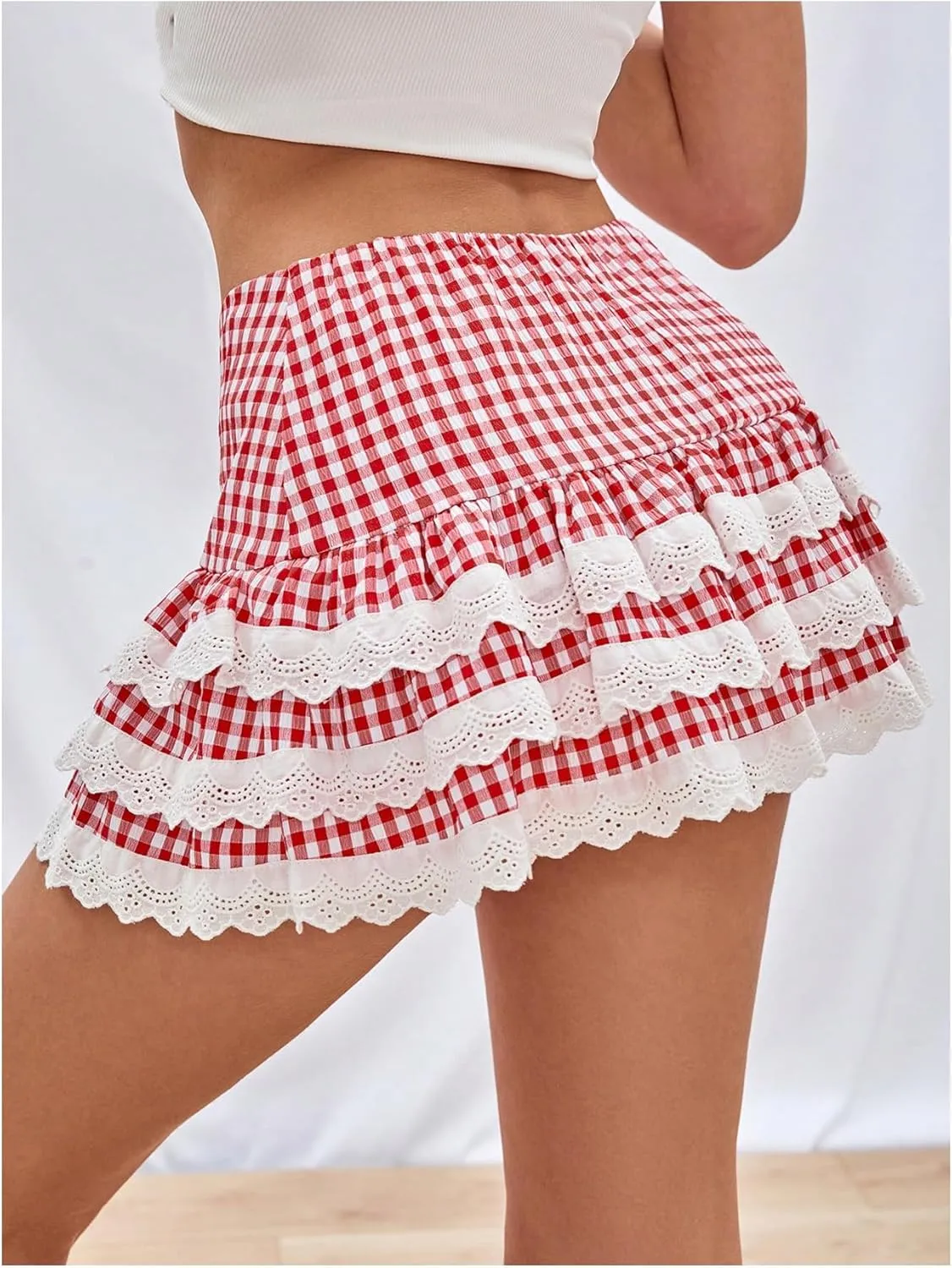 Women's Y2K Gingham Skirt with Ruffle Hem, Zipper, High Waisted, Flared A Line Mini Skirt with Layered Lace Trim