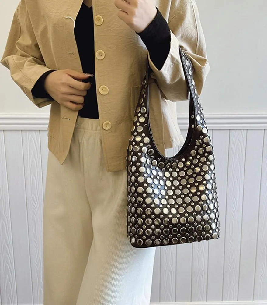 Y2k 90s Crescent Hobo Bags Women Trendy Studded PU Leather Shoulder Crossbody Purse Punk Underarm Satchels Tote Handbag