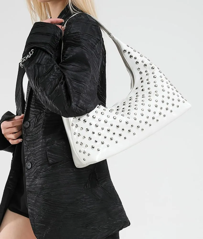 Y2k 90s Studded Hobo Bags Women Punk PU Leather Underarm Crescent Crossbody Purse Trendy Satchels Shoulder Tote Handbag