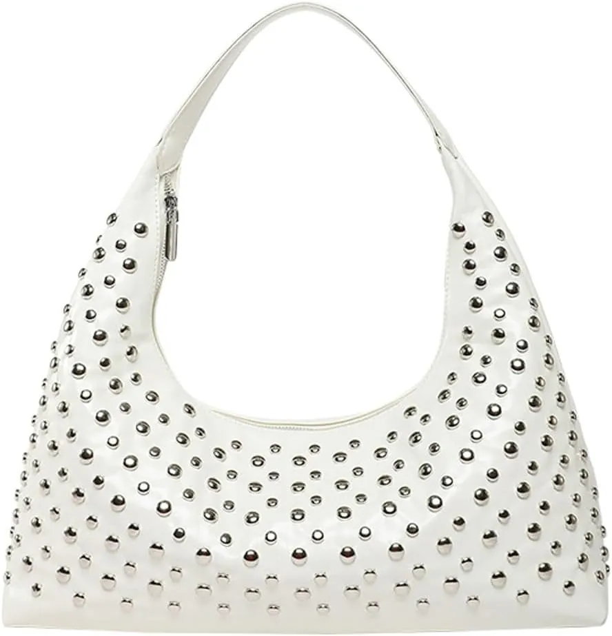 Y2k 90s Studded Hobo Bags Women Punk PU Leather Underarm Crescent Crossbody Purse Trendy Satchels Shoulder Tote Handbag