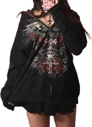 Y2K Aesthetic Zipper Hoodie Sweatshirt Long Sleeve Harajuku Punk Grunge Outfit Retro Vintage Oversized Outwear