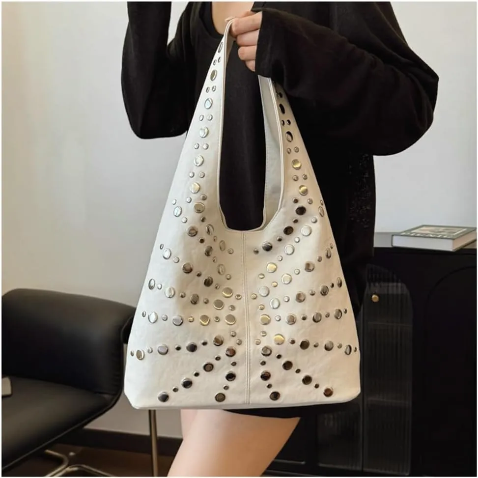 Y2k Studded Crescent Crossbody Purse Women 90s PU Leather Hobo Bags Trendy Shoulder Satchels Punk Underarm Tote Handbag