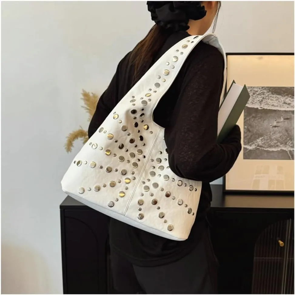 Y2k Studded Crescent Crossbody Purse Women 90s PU Leather Hobo Bags Trendy Shoulder Satchels Punk Underarm Tote Handbag