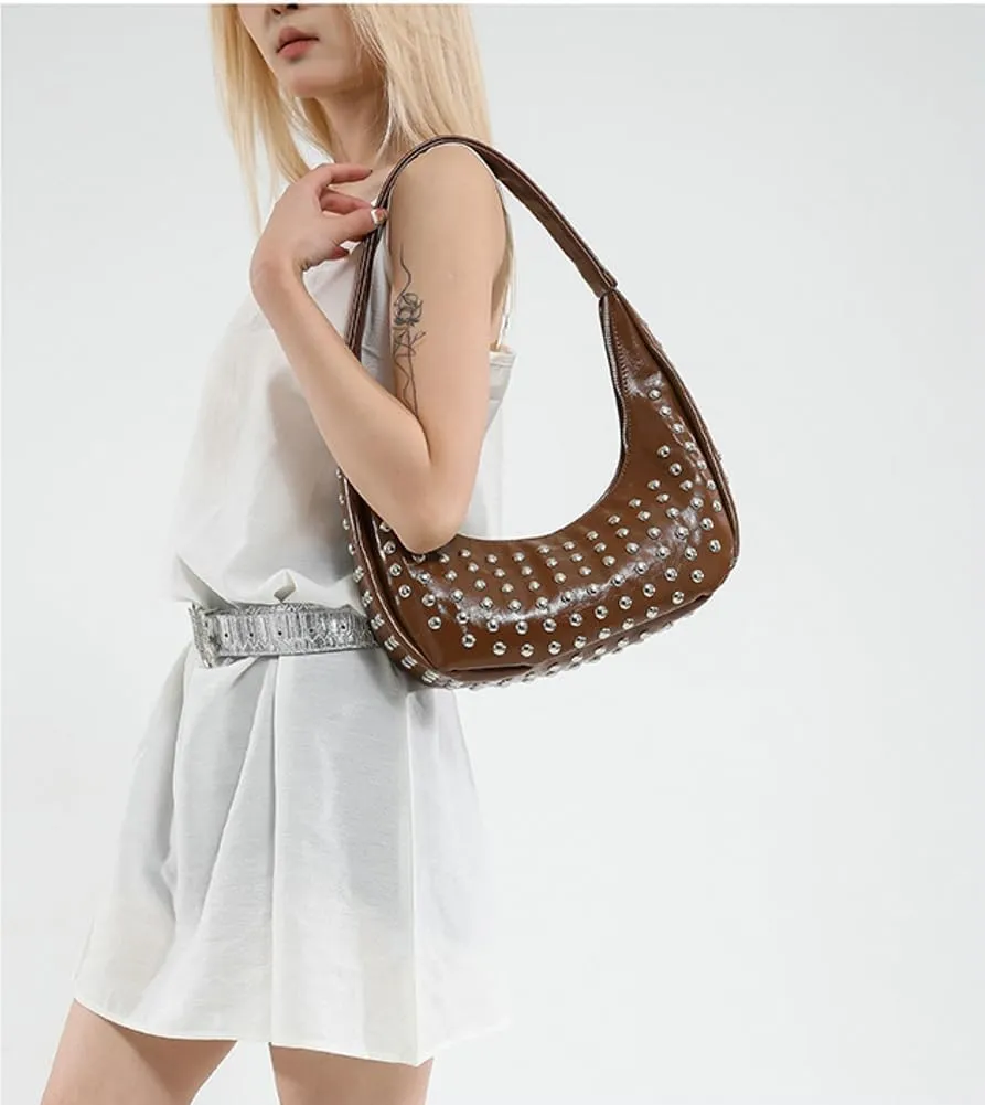 Y2k Studded Crescent Crossbody Purse Women PU Leather Hobo Bags 90s Trendy Shoulder Satchels Punk Underarm Tote Handbag