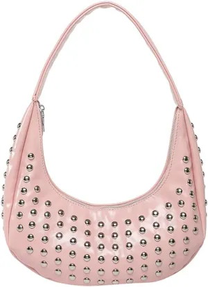 Y2k Studded Crescent Crossbody Purse Women PU Leather Hobo Bags 90s Trendy Shoulder Satchels Punk Underarm Tote Handbag
