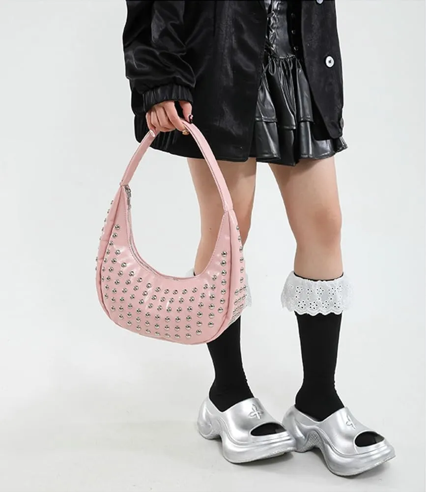 Y2k Studded Crescent Crossbody Purse Women PU Leather Hobo Bags 90s Trendy Shoulder Satchels Punk Underarm Tote Handbag