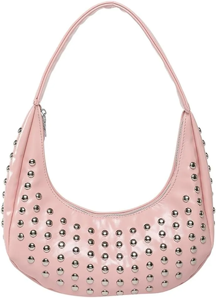 Y2k Studded Crescent Crossbody Purse Women PU Leather Hobo Bags 90s Trendy Shoulder Satchels Punk Underarm Tote Handbag