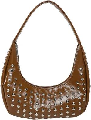 Y2k Studded Crescent Crossbody Purse Women PU Leather Hobo Bags 90s Trendy Shoulder Satchels Punk Underarm Tote Handbag