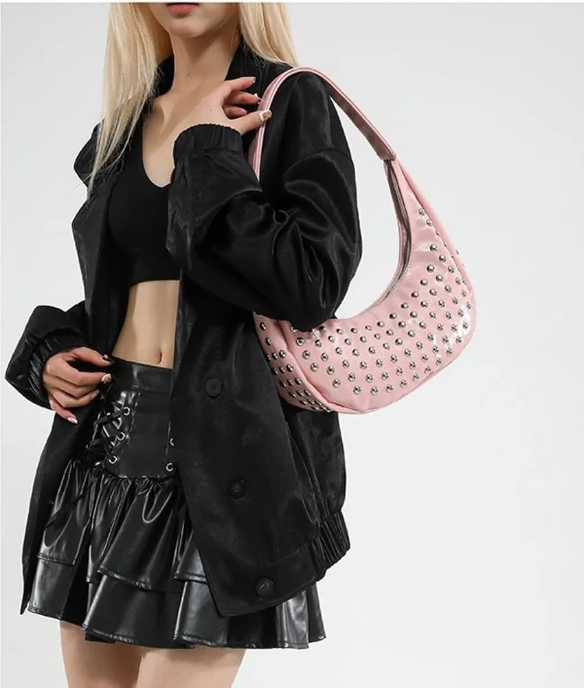 Y2k Studded Crescent Crossbody Purse Women PU Leather Hobo Bags 90s Trendy Shoulder Satchels Punk Underarm Tote Handbag