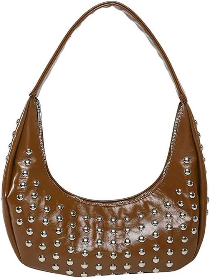Y2k Studded Crescent Crossbody Purse Women PU Leather Hobo Bags 90s Trendy Shoulder Satchels Punk Underarm Tote Handbag