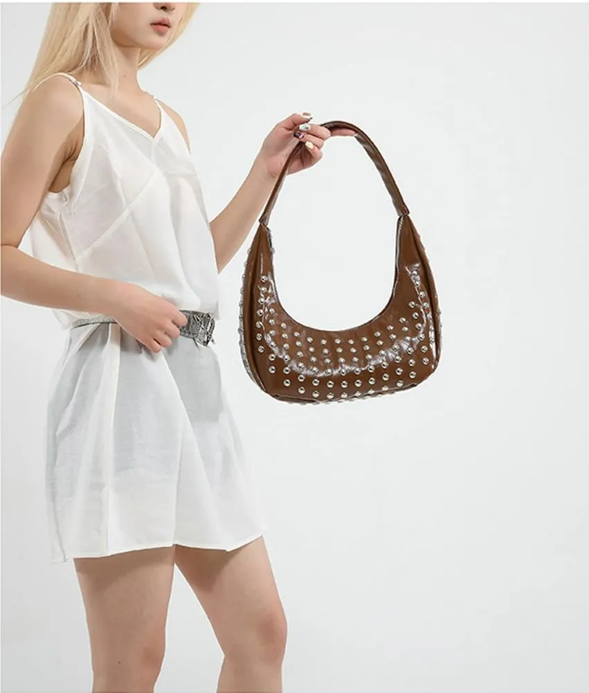 Y2k Studded Crescent Crossbody Purse Women PU Leather Hobo Bags 90s Trendy Shoulder Satchels Punk Underarm Tote Handbag