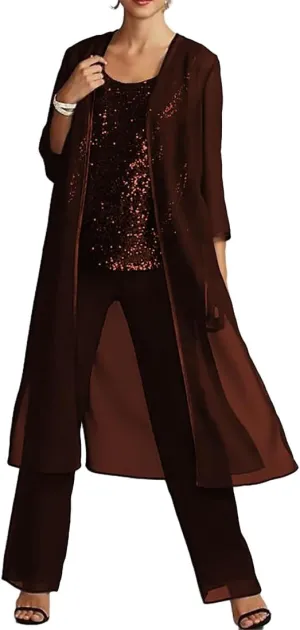 YAUTKA 3 Pcs Pant Suits for Wedding 3/4 Long Sleeve Sparkly Sequin Chiffon Formal Outfits for Women 2024 with Jackets