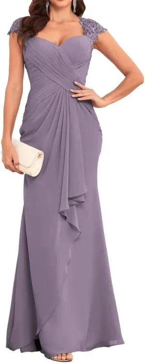 YRGERATON Lace Sleeve Mother of The Bride Groom Dresses Long Mermaid Chiffon Evening Grandmother Gowns