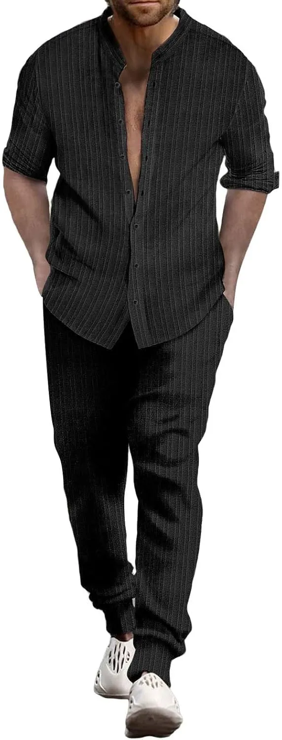 ZYXTIM Men's Casual 2 Piece Outfit Beach Vacation Summer Matching Set Long Sleeve Henley Shirts & Elastic Waist PantsOutfits